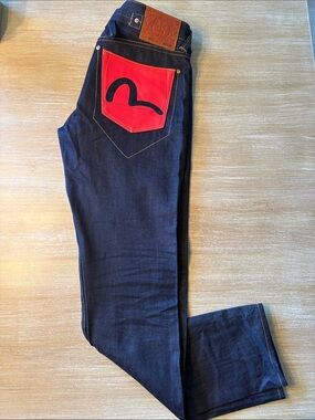 Evisu Dark Indigo Jeans with Red and White Back Pocket Accent